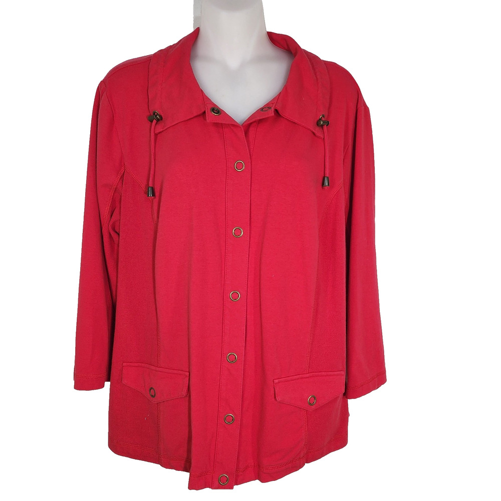Weekends by Chico's Jacket Women’s Size 2 Large Red Snap Front 3/4 Sleeves Knit